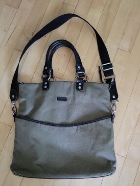 Ellington Olive Green Canvas Messenger Crossbody Tote with Black Leather Trim